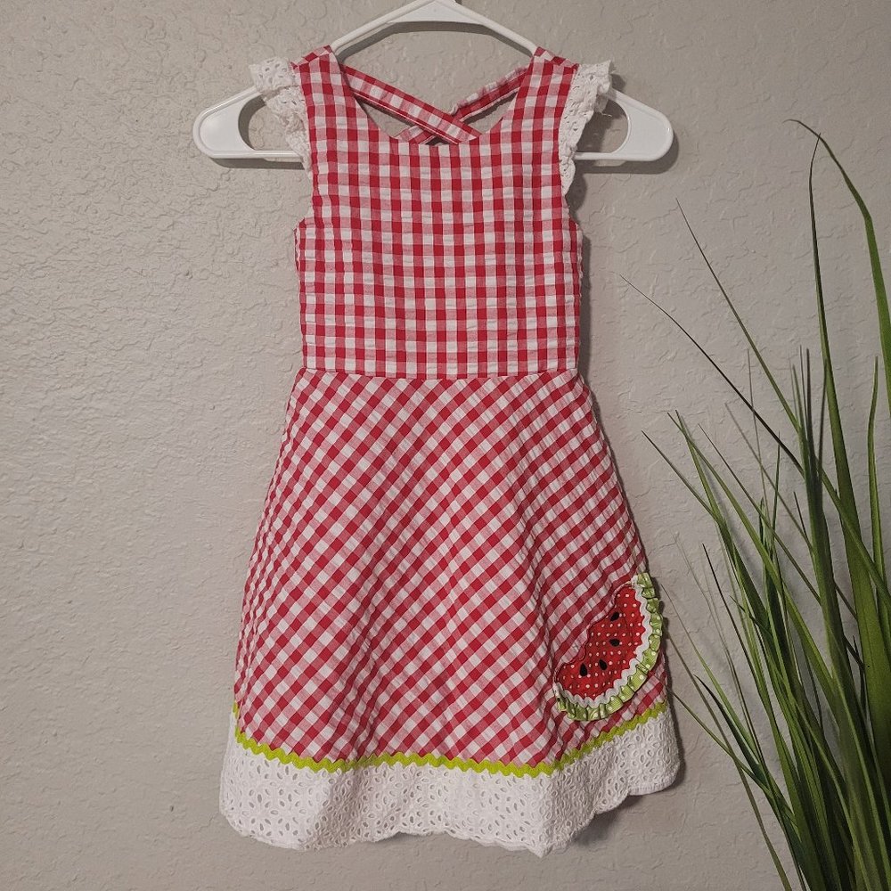 Rare Editions Girl's Red and White Checkered Watermelon Dress Size 6x